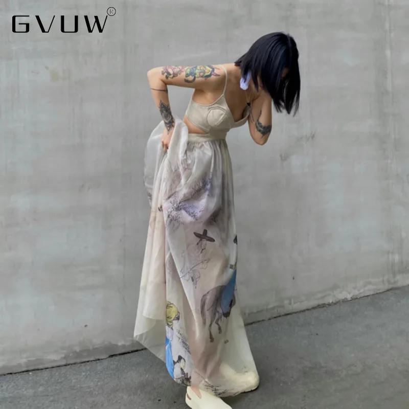 

GVUW / Design Sense Niche Print Strapless Dress Summer Vacation Korean Style Women Backless Dress Femme Off Shoulder ZH66535