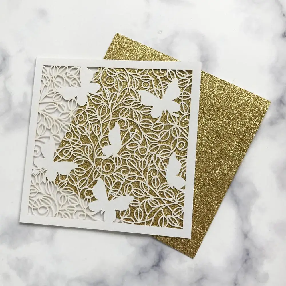 

40pcs/lot Butterfly Lace Wedding Invitation Card Ceremony Invitation Greeting Card Pearl Paper Birthday Party Card