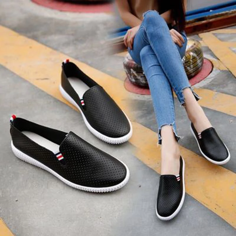 Women Sneakers White Flats Cut-Out Woman Loafers Pu Leather Slip on Shoes Low Heels Casual Shoes