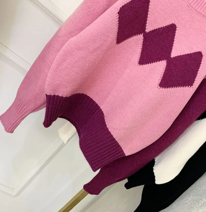 

Juice Snow 2020 Autumn And Winter New Retro Diamond Check Sweater Women's Wild Long-Sleeved Pullover Sweater