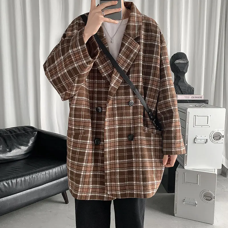 

Spring Korean Plaid Blazer Men's Fashion Retro Business Casual Suit Jacket Men Streetwear Loose Dress Jacket Mens Coat M-3XL