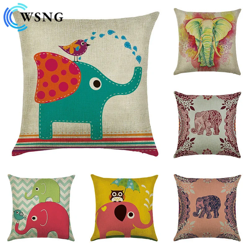 

Hand-painted Cartoon Elephant Linen Pillowcase Home Sofa Outdoor Cushion Cover 45*45 Cm