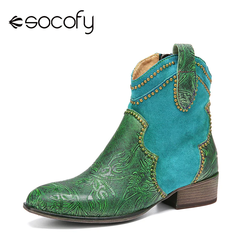 

SOCOFY Retro Woman Boots Embossed Genuine Leather Splicing Comfy Block Heel Cowboy Short Boots Fashion Autumn/Winter Style 2020