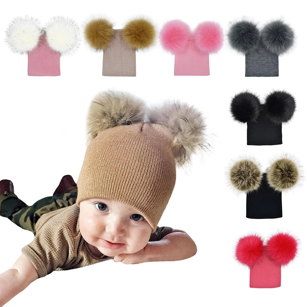 New Infant Baby Girls Boys Crochet Knit Winter Warm Faux Fur Ball Hat cute Pompom Beanie Cap for kids Cotton Earbud hat | Детская одежда