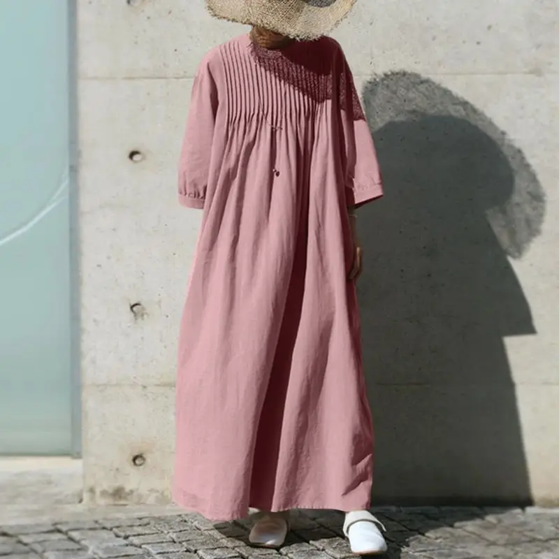 

Осенний женский Однотонный сарафан с пышными рукавами ZANZEA 3/4 повседневное элегантное Плиссированное Платье оверсайз для вечерние длинный ...