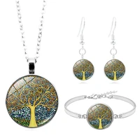 vintage tree of life glass cabochon necklace stud earring bracelet bangle set totally 4pcs womens fashion jewelry creative gift