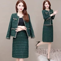 office lady vintage plaid tweed set women 2021 elegant long sleeve jacket and straight midi skirt suit sexy fall 2 piece outfits