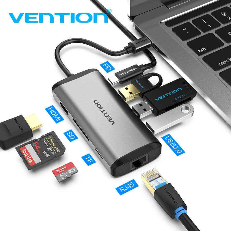 Vention USB C концентратор HDMI USB-C концентратор USB 3,0 3,5 мм аудио RJ45 адаптера Ethernet для Macbook Pro USB C концентратора