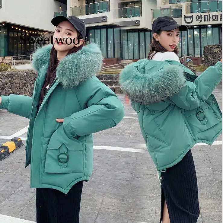 New Korean Fur Hooded Jackets Parkas Winter Jacket Women Short Style Tie Up Warm Thick Slim Winter Coat Female