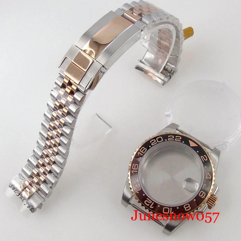 

BLIGER Automatic Watch Case Rose Gold Two Tone Oyster Strap fit NH35A Seeing/Solid Back Sapphire Glass Rootbeer Insert