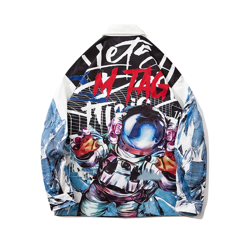 

Hip Hop Streetwear Long Sleeve Couple Shirt Men and Women Personality Graffiti Astronaut Snow Mountain Print Loose Shirts Jacket