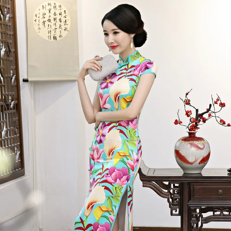 Платье-Ципао женское атласное шелковое вечернее для банкетов и выступлений