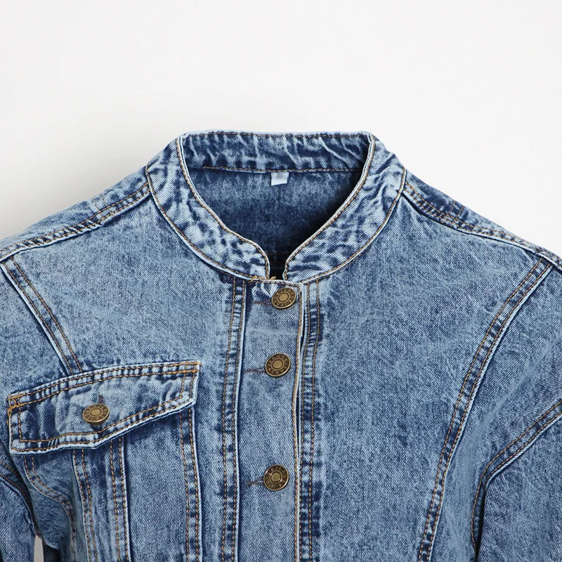 

Real Sample Women Solid Color Denim Two Piece Sets Vintage Lady V-neck Flared Sleeve Single-breasted Coats High Waist Jeans Set