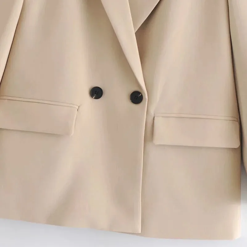 

Women Fashion Double Breasted Loose Fitting Blazer Coat Vintage Long Sleeve Pockets Female Outerwear Chic Tops