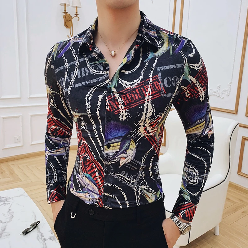 

2021 Luxury Velvet Men Shirts Long Sleeve Casual Shirts Keep Warm Print Slim Fit Casual camisas de hombre Christmas Shirt V592