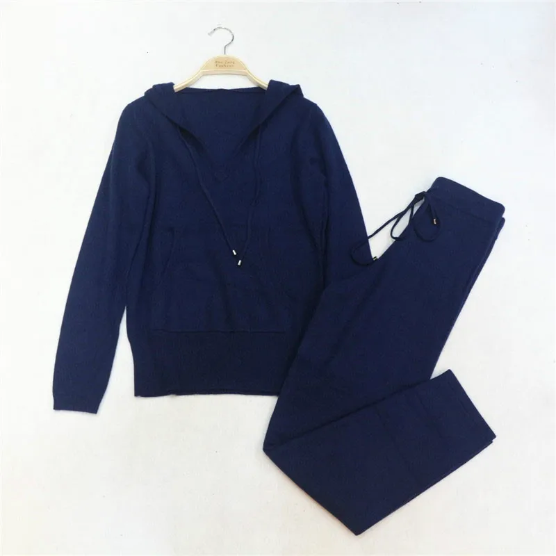 

Sale Wool Tracksuits 2020 New Spring Fashion Female Hooded Suit Knitted Mink Cashmere Sweater + Leisure Trousers Two Piece Full
