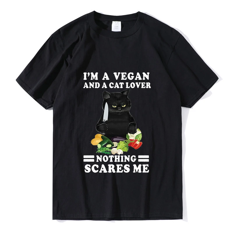 

Черная футболка с котами забавная черная кошка я веганских материалов и Кошатница ничего не пугает Винтаж Для мужчин футболка короткий рук...