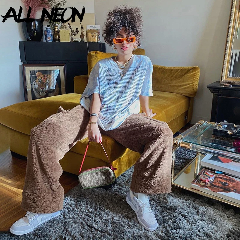 

ALLNeon Y2K Winter Shaggy Brown Pants with Pockets Vintage Egirl Loose Straight High Waist Sweatpants Autumn Faux Fur Trousers