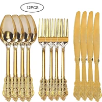 12pcs plastic cutlery set disposable rose gold fork spoons knife luxury wedding party tableware set plastic glittering utensils