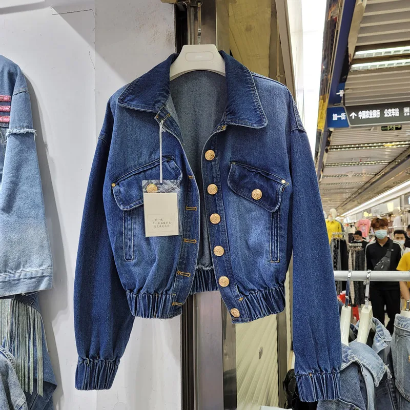 Модная темно синяя короткая джинсовая куртка с высокой талией для женщин Chaquetas