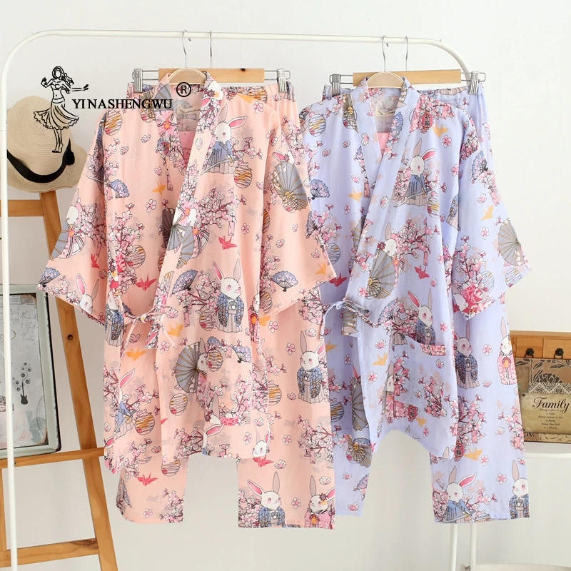 

Thin Loose Cardigan Pajamas Japanese Kimono Yukata Women Set Summer Pure Cotton Rabbit and Cherry Blossom Print Home Serve Suit