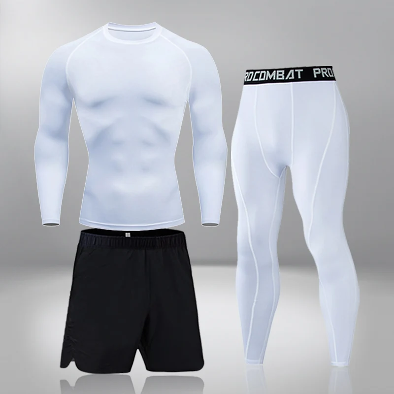

3-Piece Set Thermal Underwear Brand Men's Compression Running Set Tight Legging Pant Sport Clothing Teenager Tracksuit
