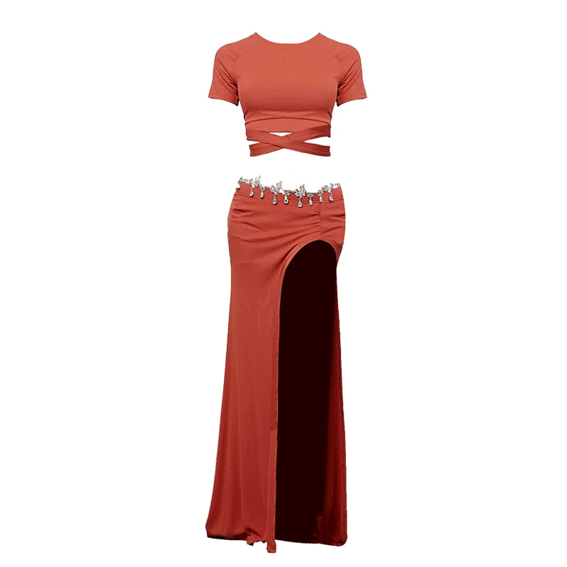 

Bellydance OrientalCostumes Adults Short-Sleeved Bandage Top Slit Long Skirt Ladies BellyDanceTrainingCostume Wear DNV11885