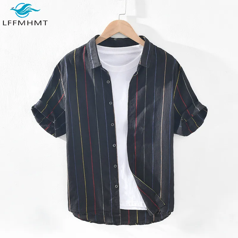 1708 100% здоровая льняная Модная рубашка с коротким рукавом и отложным воротником