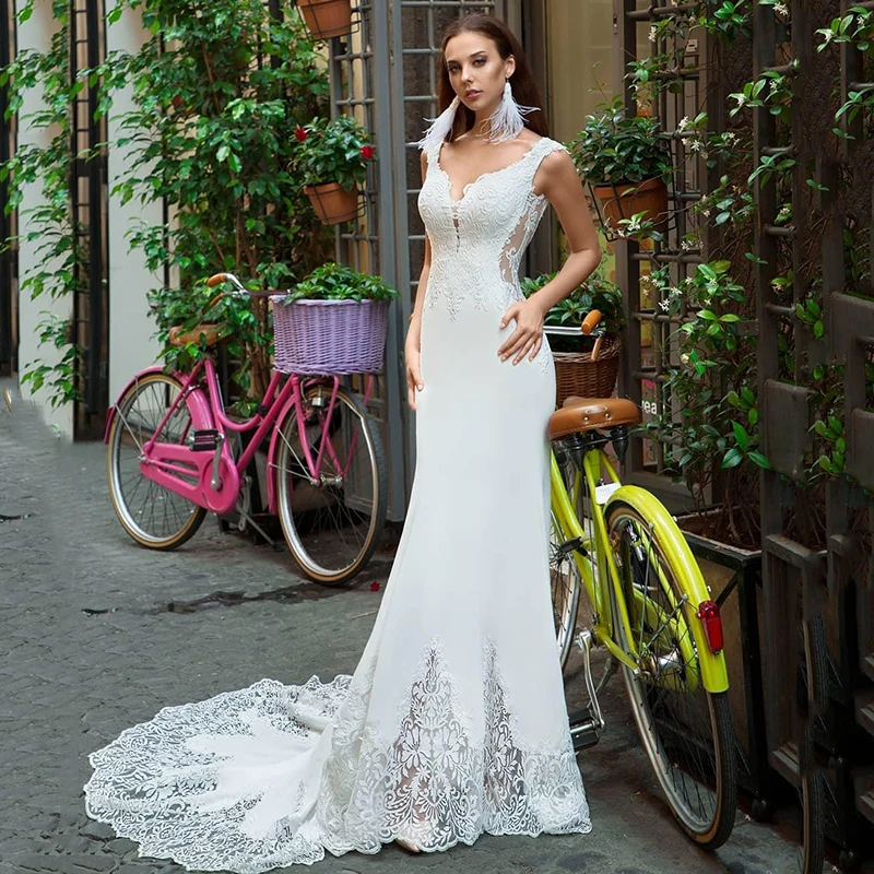 Платье женское свадебное с юбкой годе и V образным вырезом|Свадебные платья| |