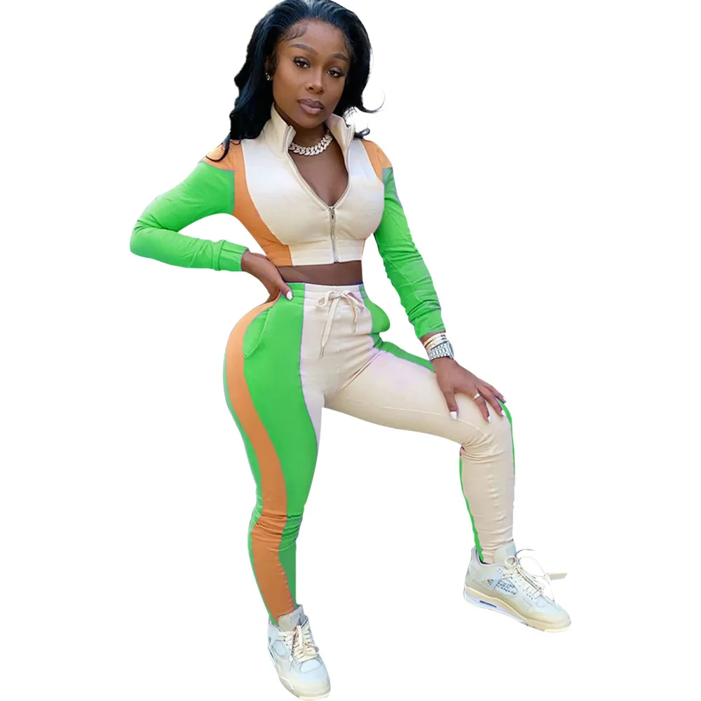 

Contrast Color Patchwork Women Tracksuits 2020 Autumn Winter Lady's Zipper Stand Collar Crop Tops Lace-Up Pants Elastic Outfits