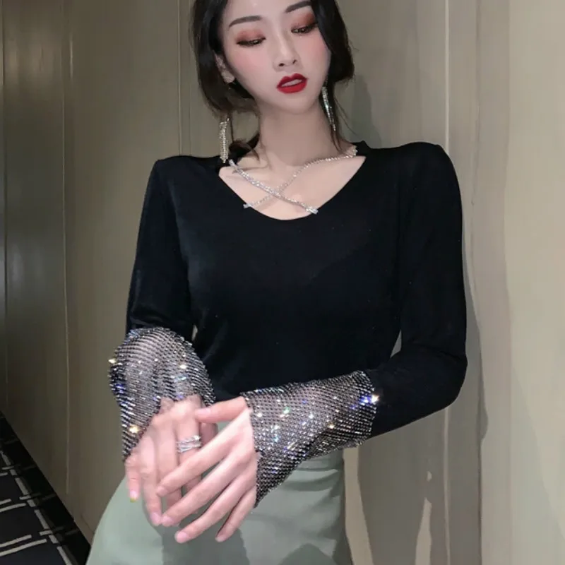 Пикантная женская обувь на тонком футболка s блестящие стразы Футболка femme