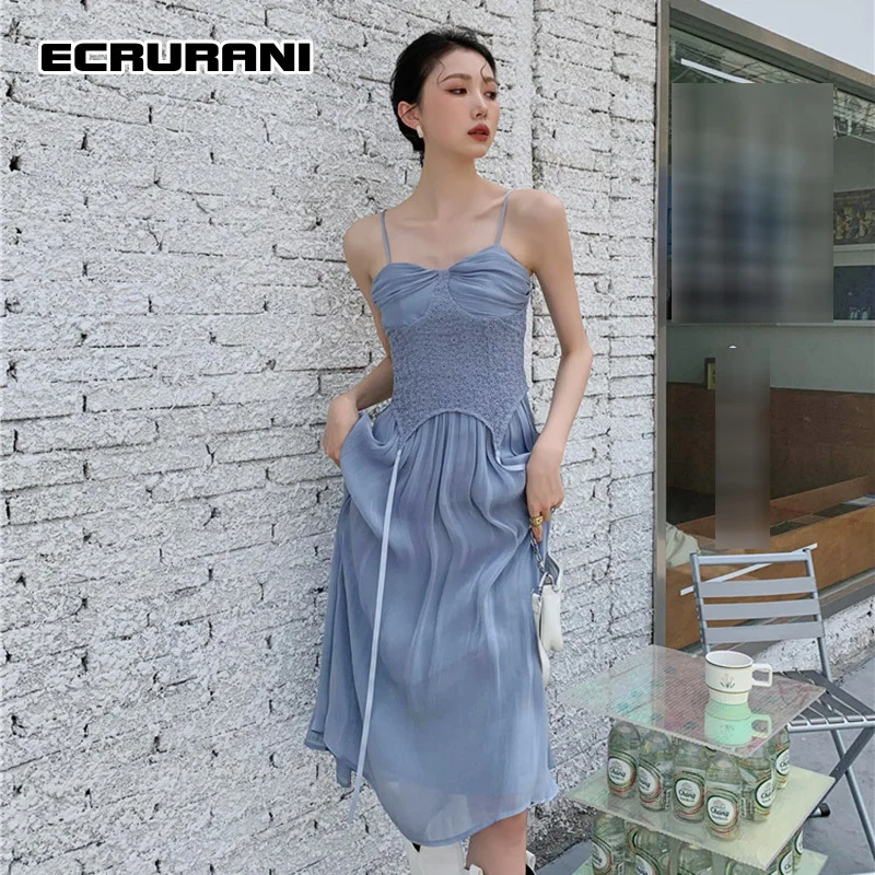 

ECRURANI Elegant Dress For Women Square Collar Sleeveless High Waist A Line Knee Length Solid Dresses Females Fashion 2021 Style