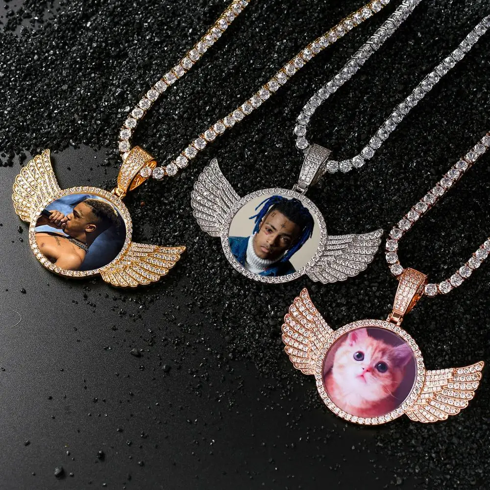 Cubic Zirconia Custom Made Photo Pendant 3 Colors Full Iced Out Wing Necklace Hip Hop Jewelry Gifts