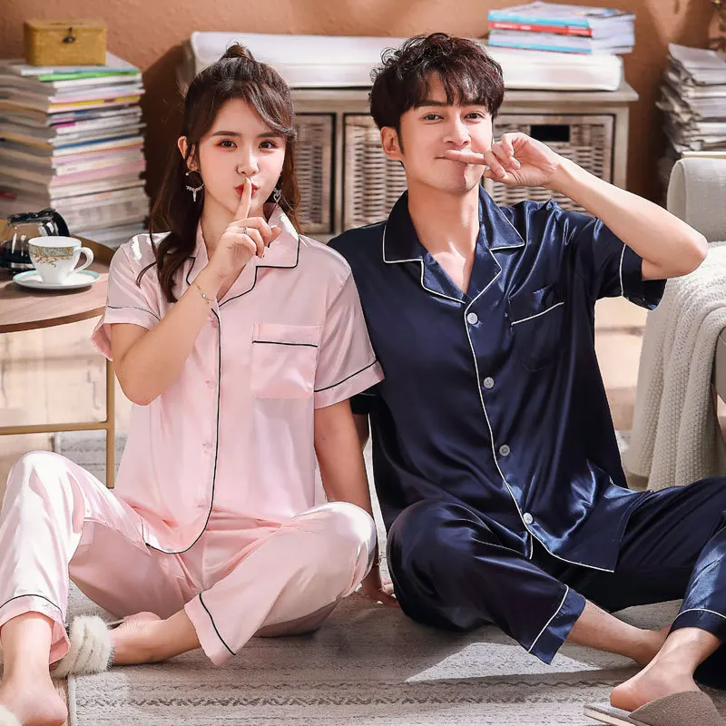 Пижамный комплект для пар шелковая атласная пижама с длинными рукавами домашний