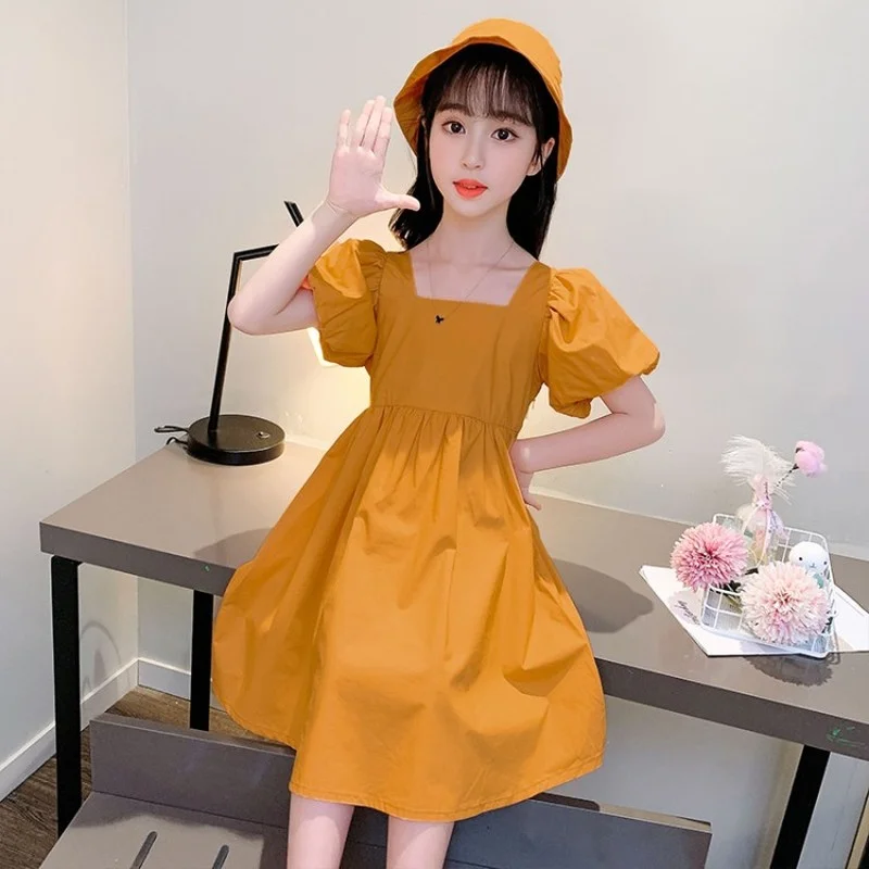 

Dresses 2021 Sweet Girls Dresses Summer Daily Clothes Puff Sleeve Cotton Ladies Dresses for Girl A-line Dresses Kid Clothes 3-15