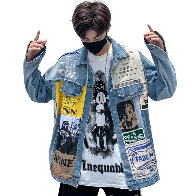 

Print Patchwork Spring Autumn Jacket Women Fashion Loose Hip hop Tops Denim Coat Women Jacket Streetwear Outwear Denim Jacket