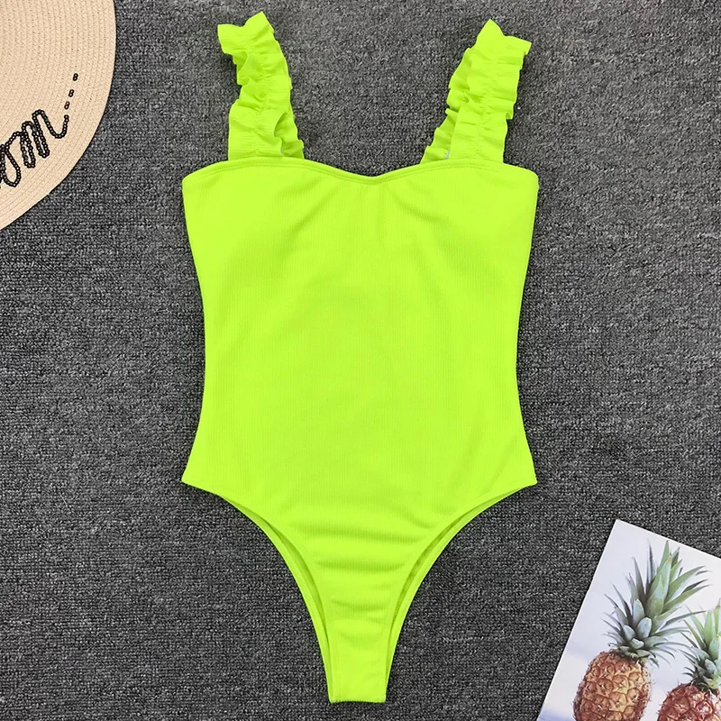 2022 New Sexy Neon Green Ribbed Swimwear One Piece Swimsuit Women Ruffled Monokini Female Thong Bathing Suit Swim Bodysuit