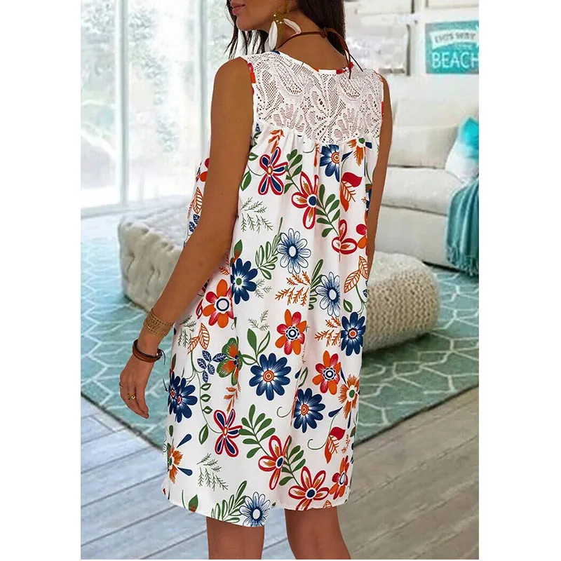 

2020 Summer O Neck Sleeveless Loose Women's Dress Fashion Casual Lace Patchwork Bohemia Floral Print Ladies Mini Dress Plus Size