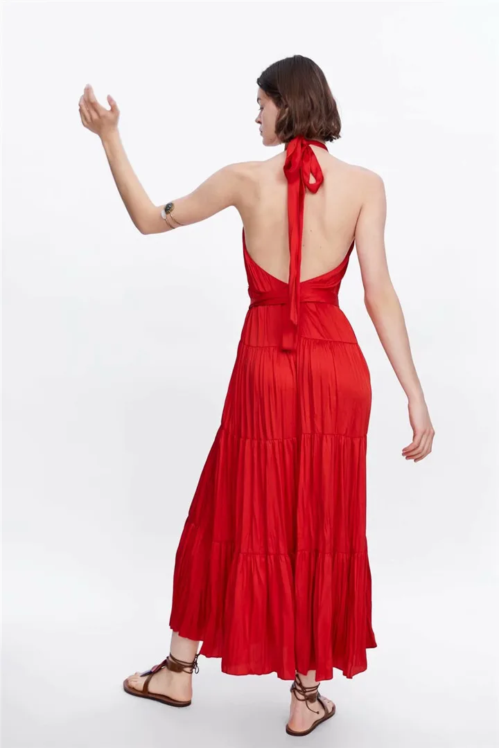 Женское плиссированное платье макси Красное Длинное однотонное с открытой