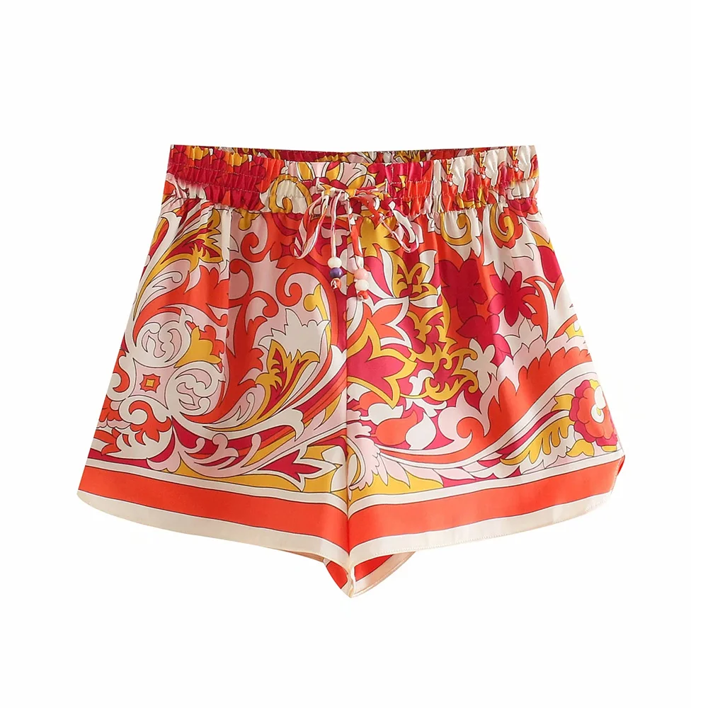 

Fashion Totem Print Side Vents Shorts Vintage High Elastic Waist Drawstring Female Short Pants Women