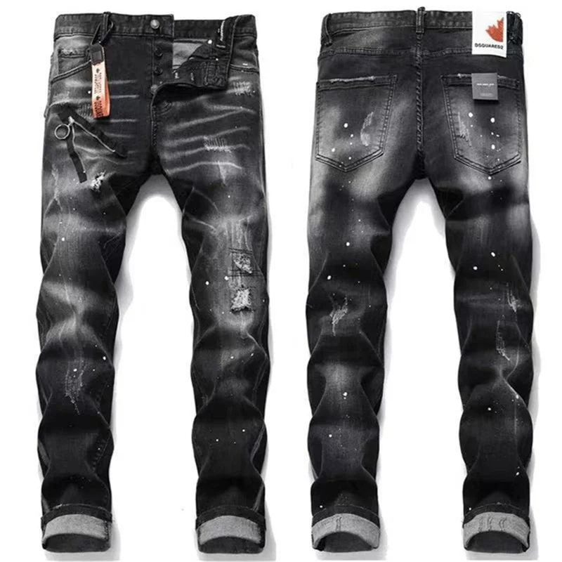 

2021 New DSQ European Ltaly Style Men's Boutique Fashion Slim Stretch Straight Jeans Denim Pants Zipper Blue Hole Pencil D2 8484