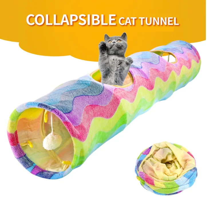 

Practical Collapsible Cat Dog Tunnel Cat Tube Interactive Toy with Fun Plush Balls and 2 Peek Hole for Small Pets