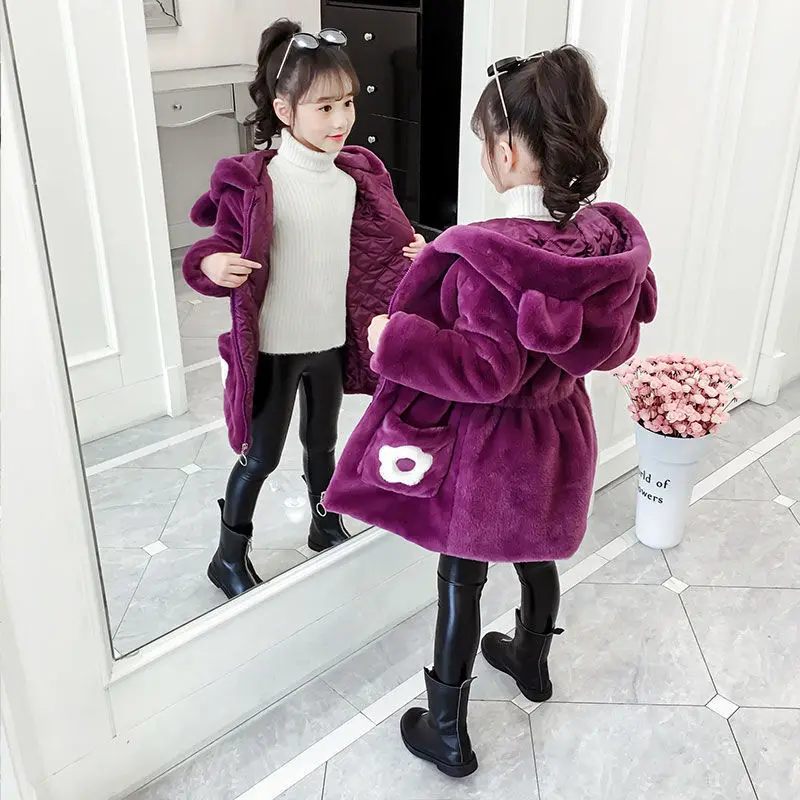 Princess Kids Cartoon Embroidered Woolen Hooded Jacket Coat for Children's Autumn Winter Clothing Outwear