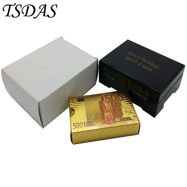 Gold Plated Playing Cards Colored 500 Euro Banknote Design Full Poker Card Deck With Wooden Box Games Gorgeous Gift|deck gold|deck cardsdecking wood