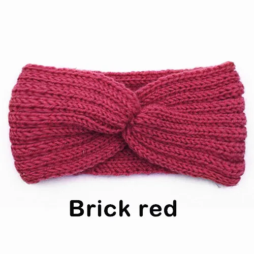 Brick red Зимняя теплая вязаная повязка на голову для женщин, шерстяная повязка на голову с вязаным узлом, тюрбан, повязка на голову для ушей, теплые повязки на голову, женские аксессуары для волос - Цвет: Brick red