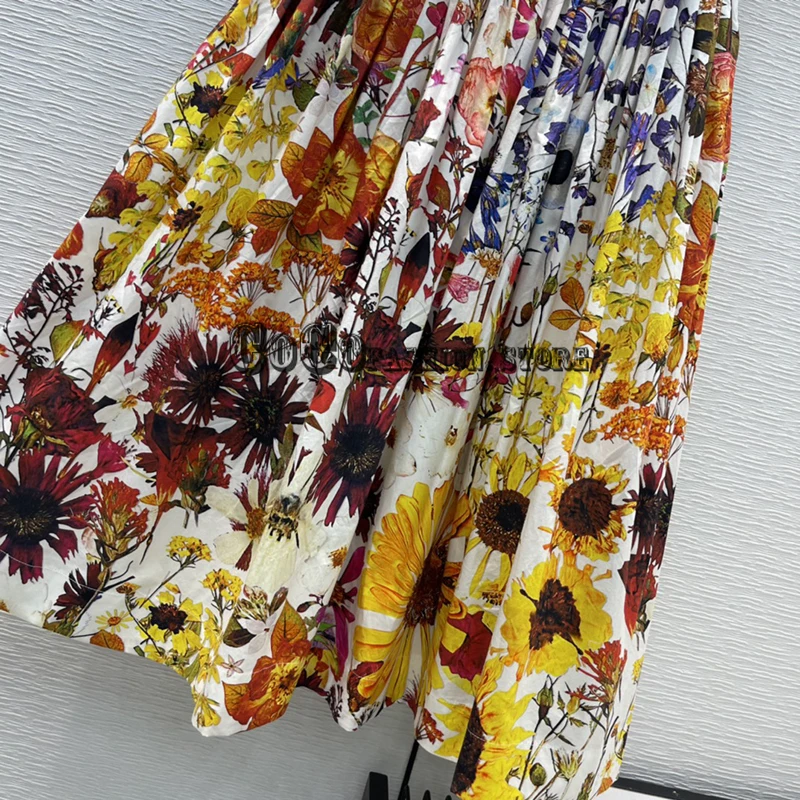 

Luxury Designer 2021 Women high end flower printing waistband slim pure cotton temperament zipper party woman dress dresses S-L