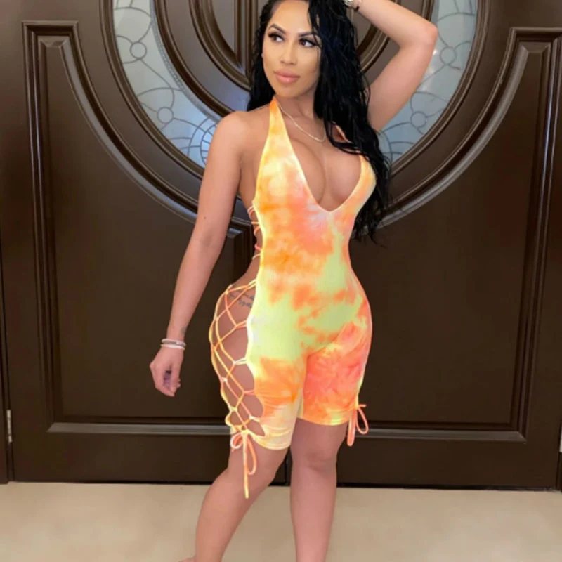 

Sexy Women Pajamas Sleepwear Fitness Romper Jumpsuits Shorts Tie Dye Open Back Bandage Hollow out Bodycon Stretch Tracksuit set