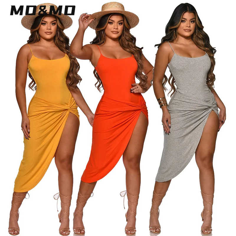 

MO&MO - 2021 summer new popular dress pleated hot sale solid color split nightclub skirt dress for women