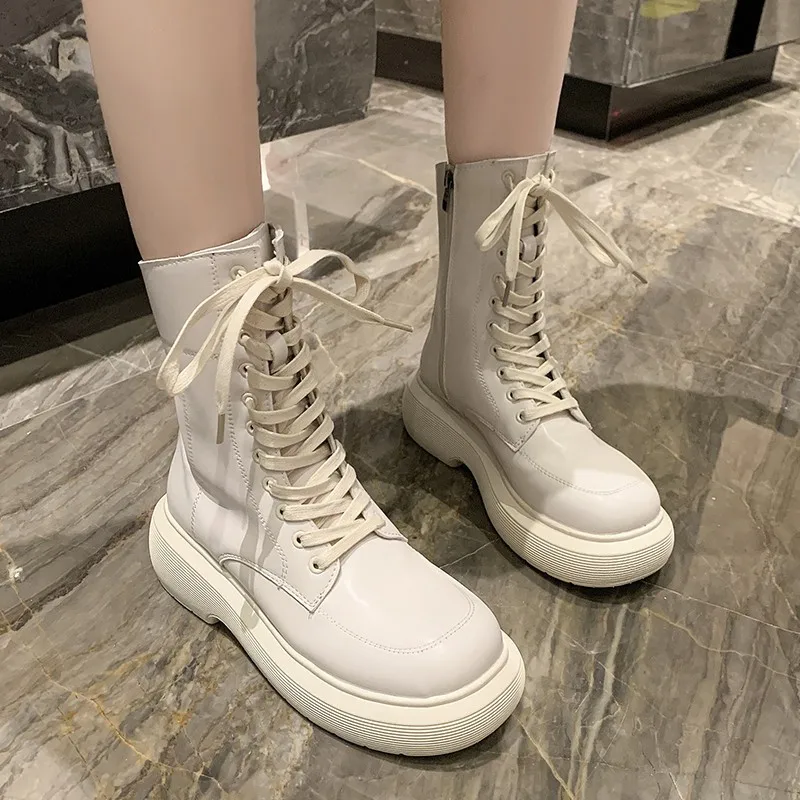 2021 New Winter Leather Women's Boots Fur Warm Boots Snow Boots Lace-up Platform Boots Black Motorcycle Boots Shoes