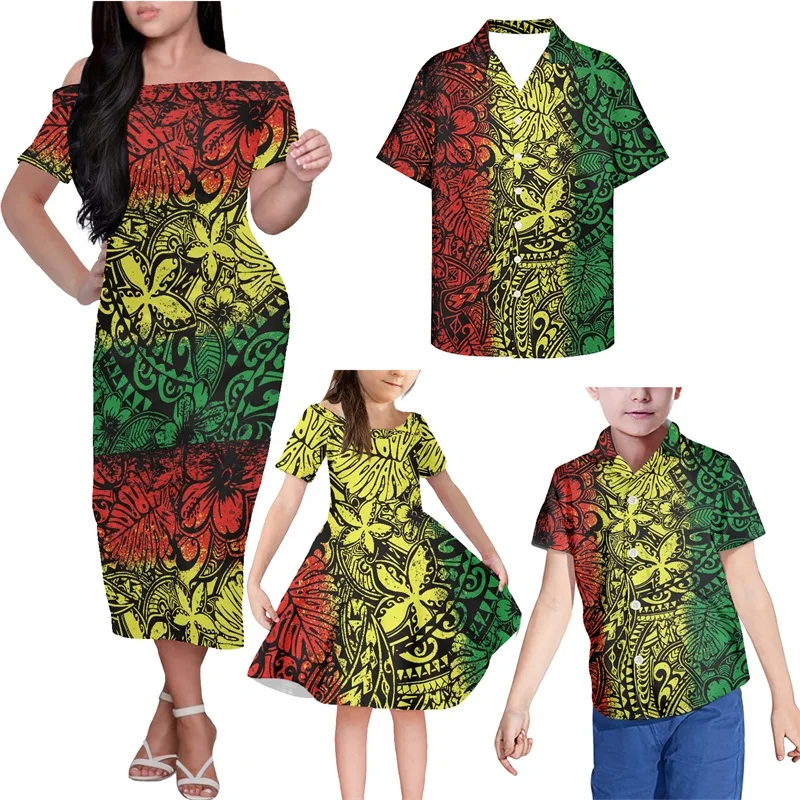 

HYCOOL Custom Plus Size 4pcs Family Matching Outfits Samoan Tribal Print Mom And Daughter Dress For Party Children Clothes Girl